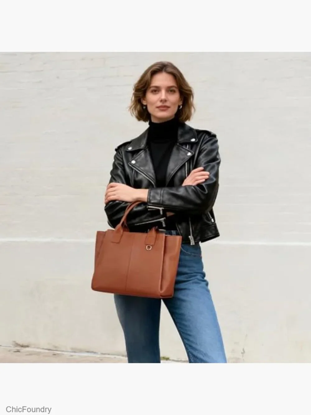 Genuine Leather Satchel Purse, Triple Pocket Medium Top-Handle Crossbody - Picture 2 of 7